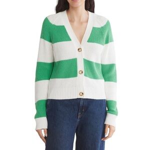 Design History Button Front Green and White Striped Varsity Cardigan Sz Large